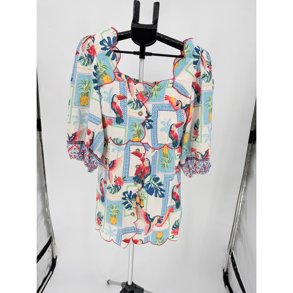 Fate Tropical Print Dress Women Small Multi New Scalloped Linen Blend